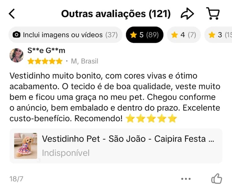 Avaliação cinco estrelas: vestidinho muito bonito, com cores vivas e ótimo acabamento, chegou dentro do prazo. A loja tem 121 avaliações.