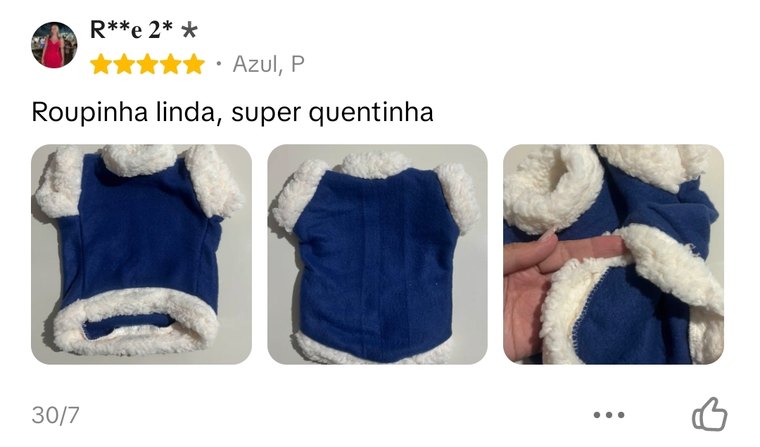 Avaliação cinco estrelas: roupinha linda, super quentinha. Com três fotos enviadas pela cliente.