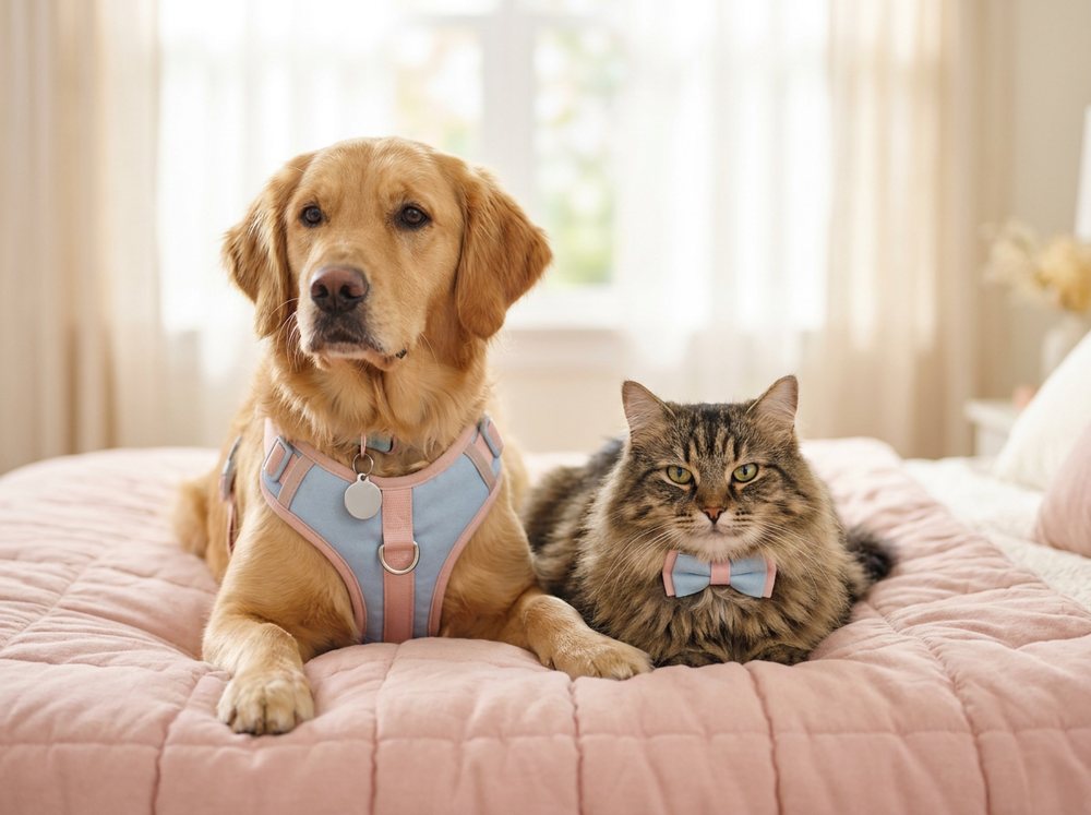Cachorro golden retriever de peitoral azul e rosa ao lado de um gato de gravata borboleta, sobre uma manta rosa
